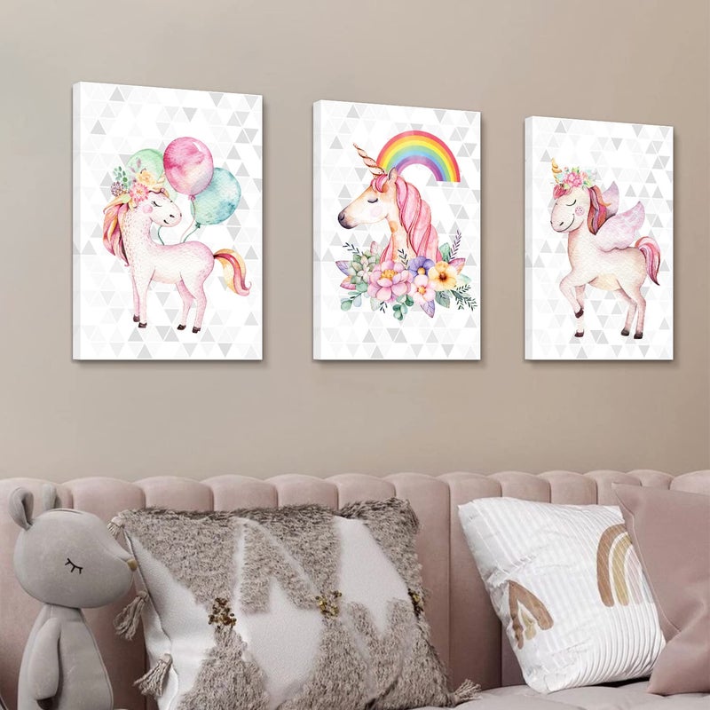 YOOOAHU Unicorn Wall Art Unicorn Bedroom Decor for Girls Colorful Rainbow Balloon Posters Nursery Room Painting Girly Pink Floral Canvas Pictures Artwork Kids Toddler Bathroom Home Decorations 12x16" 3 Pieces - Image 5